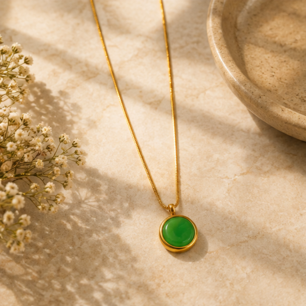 Round green pendant necklace for women featuring a gold-tone chain by Maelle